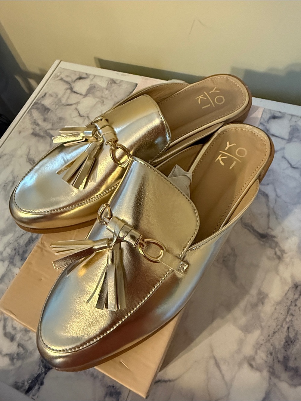 Yoki Metallic Gold Tassel Mule Loafers